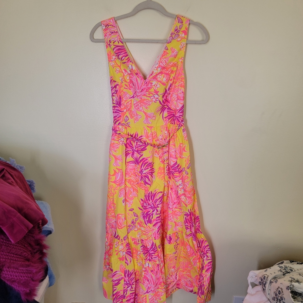 NWT Lilly Pulitzer Bre V Neck Cotton Midi Dress Calla Yellow Floral Coral Size 8 - Picture 4 of 9